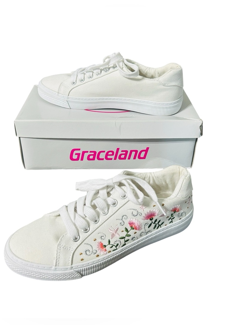 Graceland White Sneakers with Pink & Green Floral Embroider  Size 38